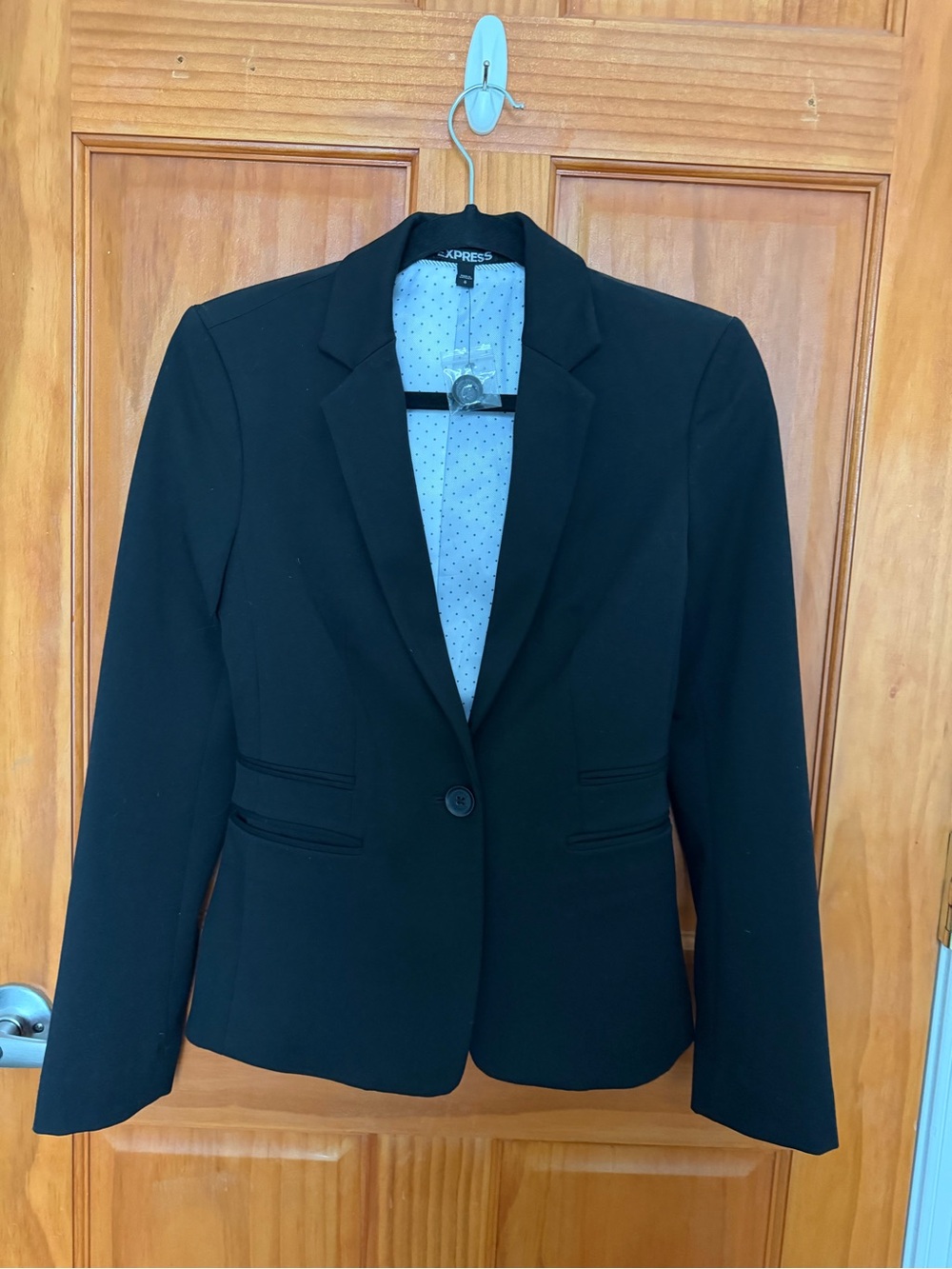 Express Black Single-Button Women's Blazer with Polka Dot Lining